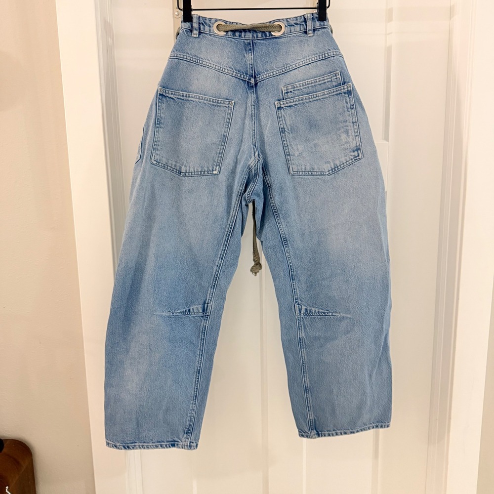 Free People We The Free Moxie Low Slung Barrel Jeans Blue Patchwork Rope Belt 27 - Picture 4 of 7